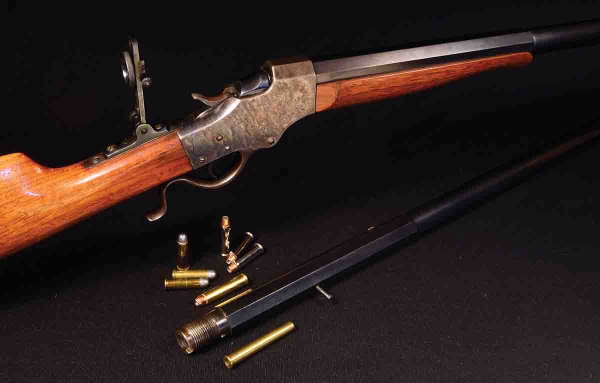 J. Stevens Arms & Tool Co. “Ideal Range” Model 45, now has two barrels, and can accommodate at least four cartridges, in two different calibers, including 28-30-120, 38 Special, 357 Magnum and 357 Maximum.